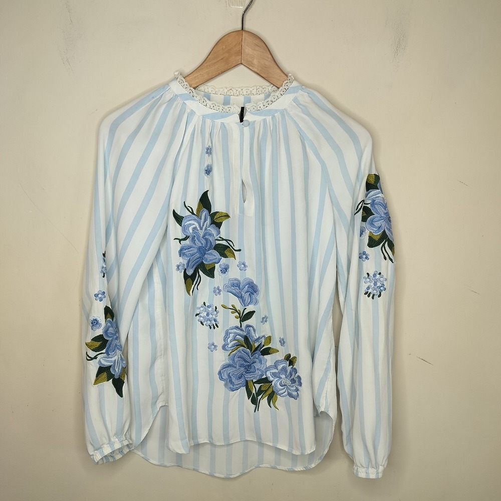 Akemi + Kin Floral Embroidered Stripe Blouse